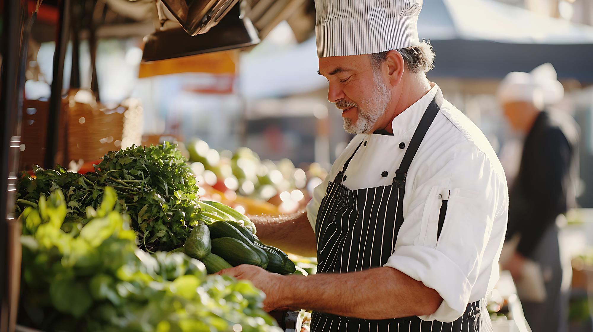 Chef selecting local vegetables at market stall